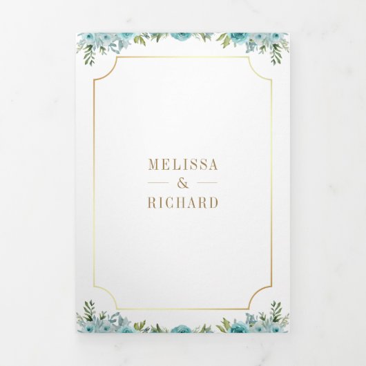 Blauwgroen Bloemen Goud Katholiek Kruis QR Code Hu Drieluik Uitnodiging (Cover)