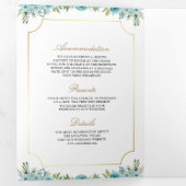 Blauwgroen Bloemen Goud Katholiek Kruis QR Code Hu Drieluik Uitnodiging (Binnenzijde eerst)