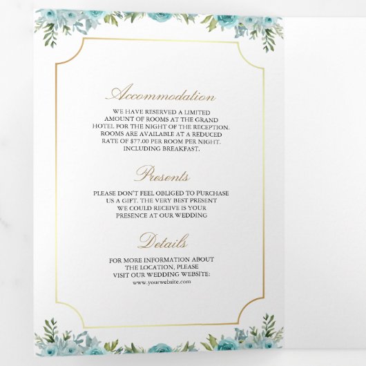 Blauwgroen Bloemen Goud Katholiek Kruis QR Code Hu Drieluik Uitnodiging (Binnenzijde eerst)