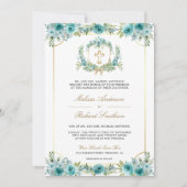 Blauwgroen Bloemen Goud Katholiek Kruis QR Code Hu Kaart (Voorkant)