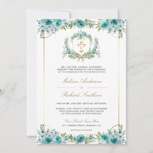 Blauwgroen Bloemen Goud Katholiek Kruis QR Code Hu Kaart (Voorkant)