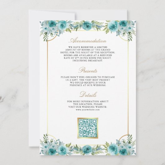 Blauwgroen Bloemen Goud Katholiek Kruis QR Code Hu Kaart (Achterkant)