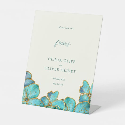 Blauwgroen Bloemen Huwelijksgunsten Reclamebord Met Voetstuk (Voorkant)