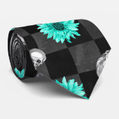 Blauwgroen bloemen met schedels op zwart en grijs stropdas (Opgerold)