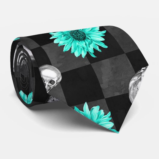 Blauwgroen bloemen met schedels op zwart en grijs stropdas (Opgerold)