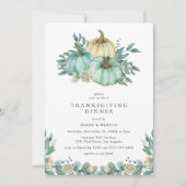 Blauwgroen Bloemen Pompoen Thanksgiving Diner Kaart (Voorkant)