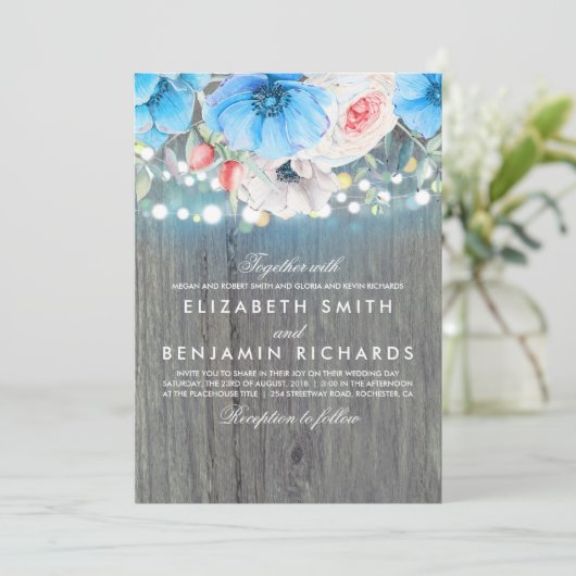 Blauwgroen Bloemen Rustieke String Lights Wedding Kaart (Staand voorkant)