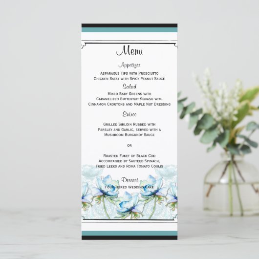 Blauwgroen Bloemen Waterverf Bruiloft Menu (Staand voorkant)