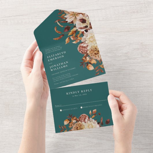 Blauwgroen bloemenbruiloft in één keer all in one uitnodiging (Afscheurbaar)