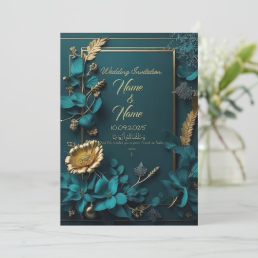 Blauwgroen bloemenbruiloft kaart (Staand voorkant)