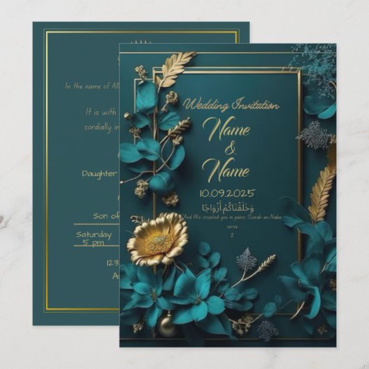 Blauwgroen bloemenbruiloft kaart (Voorkant / Achterkant)