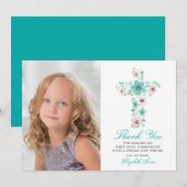 Blauwgroen Bloemenkruis Eerste Heilige Communie Da Bedankkaart (Voorkant / Achterkant)