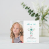 Blauwgroen Bloemenkruis Eerste Heilige Communie Da Briefkaart (Staand voorkant)