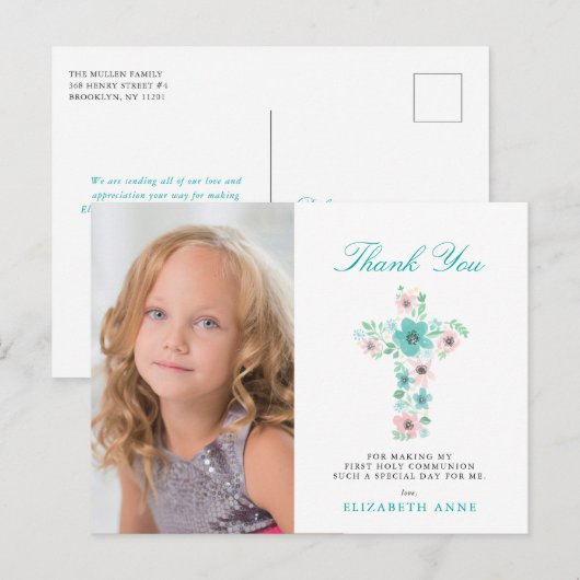 Blauwgroen Bloemenkruis Eerste Heilige Communie Da Briefkaart (Voorkant / Achterkant)