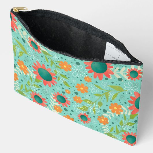 Blauwgroen bloemenpatroon Unieke aangepaste cosmet Etui (Open)