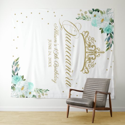 Blauwgroen bloemenquinceanera achtergrond wandkleed (In Situ (horizontaal))