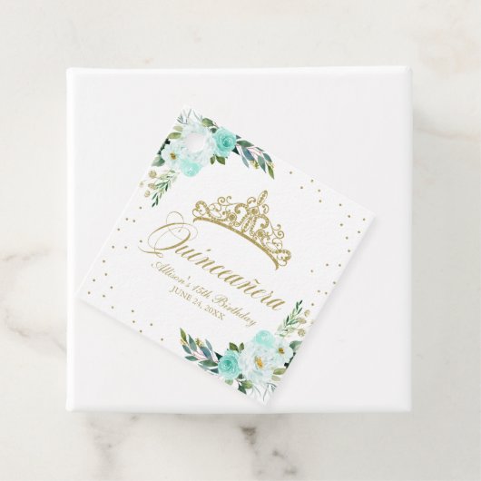 Blauwgroen bloemenquinceanera bedankjes labels (In situ)