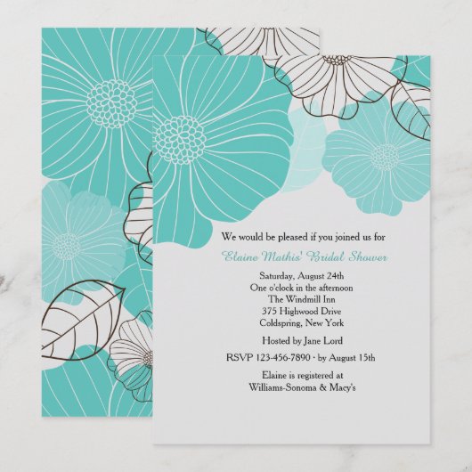 Blauwgroen bloemenuitnodiging kaart (Voorkant / Achterkant)