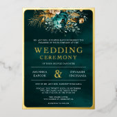 Blauwgroen Bloemfoto Indiase bruiloft goud Folie Uitnodiging (Voorkant)