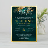 Blauwgroen Bloemfoto Indiase bruiloft goud Folie Uitnodiging (Staand Voorkant)