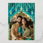 Blauwgroen Bloemfoto Indiase bruiloft goud Folie Uitnodiging (Achterkant)