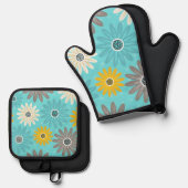 Blauwgroen Bloemig Ovenwant & Pannenlap Set (Voorkant / Achterkant)