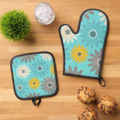 Blauwgroen Bloemig Ovenwant & Pannenlap Set (Top down)