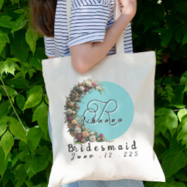 Blauwgroen bloemmonogram Canvas tas | bruidsfeest