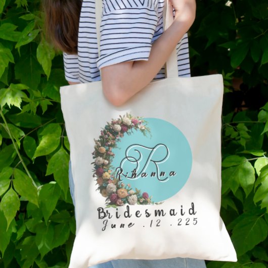 Blauwgroen bloemmonogram Canvas tas | bruidsfeest
