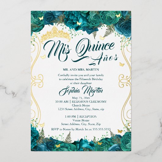 Blauwgroen bloemrol Mis Quince Quinceanera Folie Uitnodiging (Voorkant)