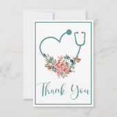 Blauwgroen Bloemstethoscoop Hart Bedankkaart (Voorkant)