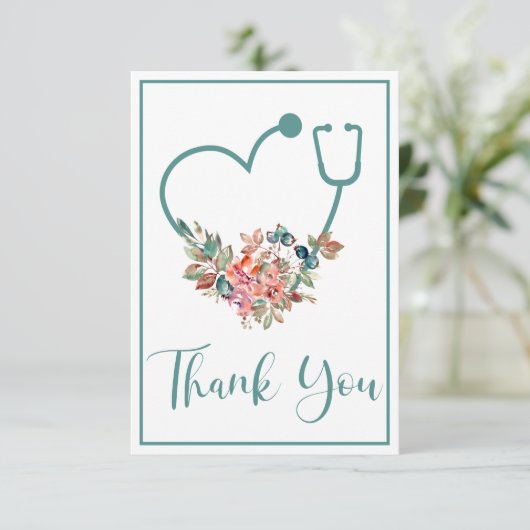 Blauwgroen Bloemstethoscoop Hart Bedankkaart (Staand voorkant)