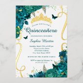 Blauwgroen Bloemvlinder Elegante Quinceanera Folie Uitnodiging (Voorkant)