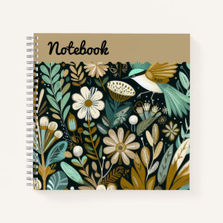 Blauwgroen Bloom Notitieboek – Decoratieve Folk Bi