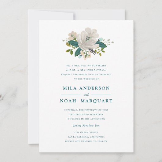 Blauwgroen Blooms Bruiloft Uitnodiging (Voorkant)