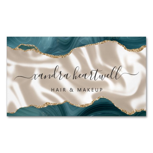 Blauwgroen Blue Agate Gold Glitter Luxe Magnetisch Visitekaartje (Voorkant)