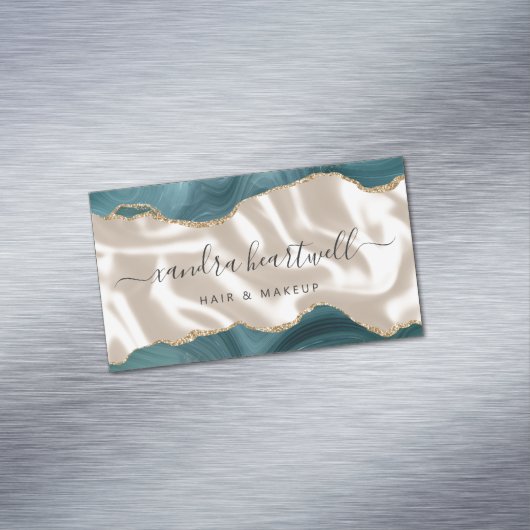 Blauwgroen Blue Agate Gold Glitter Luxe Magnetisch Visitekaartje (Voorbeeld)