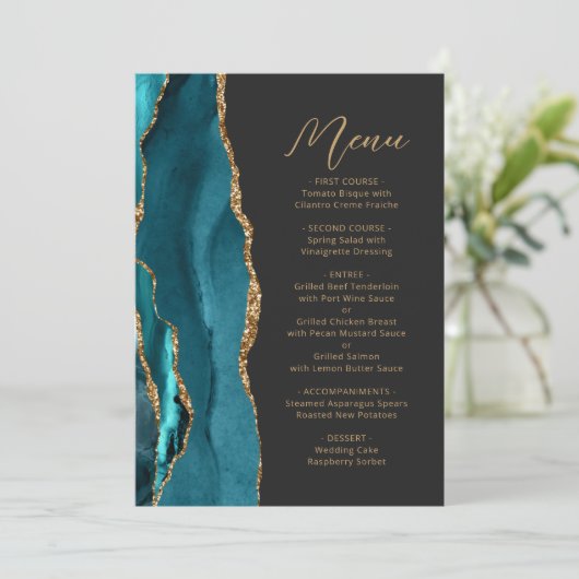 Blauwgroen Blue Agate Gold Modern Script Wedding Menu (Staand voorkant)