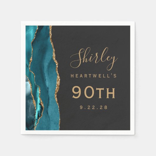 Blauwgroen Blue Agate Gold Script Dark 90th Birthd Servet (Voorkant)
