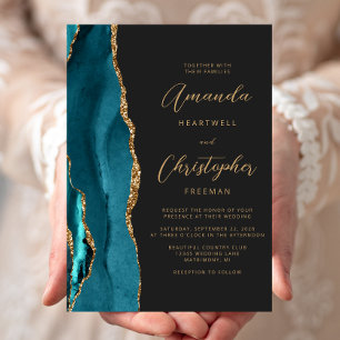 Blauwgroen Blue Agate Gold Script Slate Wedding Kaart