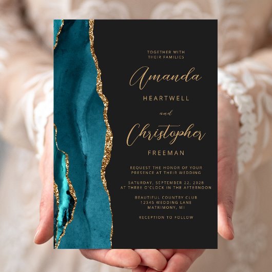 Blauwgroen Blue Agate Gold Script Slate Wedding Kaart