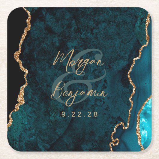 Blauwgroen Blue Agate Gold Script Wedding Kartonnen Onderzetters (Voorkant)