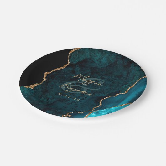 Blauwgroen Blue Agate Gold Script Wedding Papieren Bordje (Gekanteld)