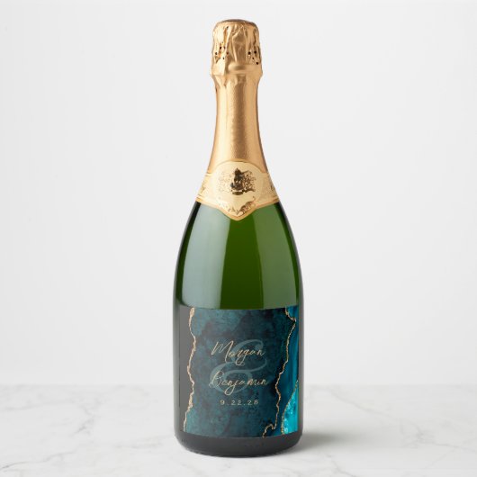 Blauwgroen Blue Agate Gold Script Wedding Sparkling Wijnetiket (Voorkant)