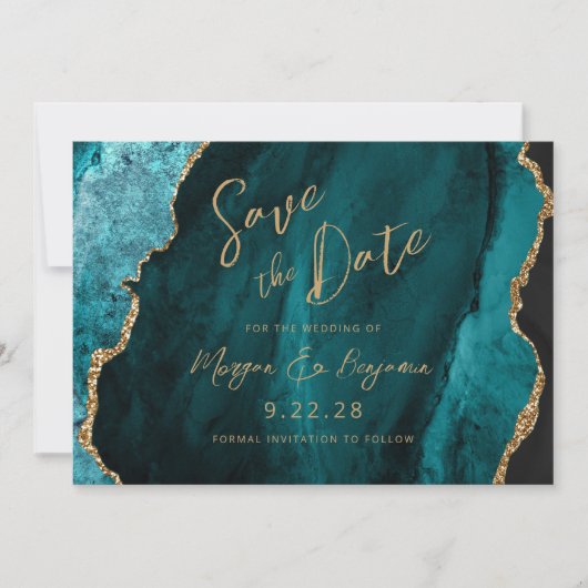 Blauwgroen Blue Agate Script Wedding Sla de datum  Save The Date (Voorkant)