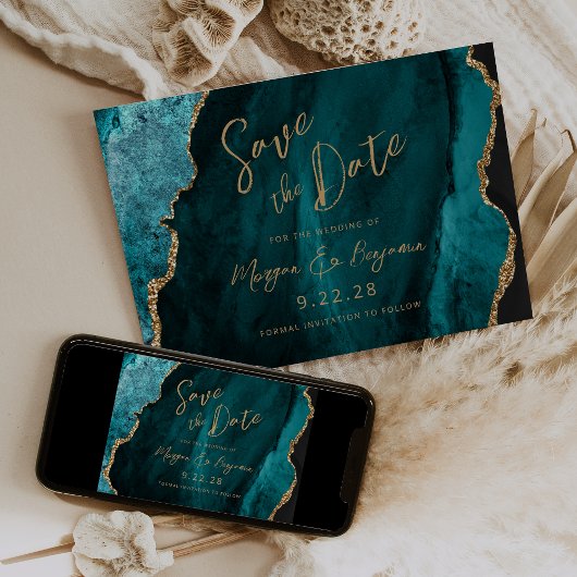 Blauwgroen Blue Agate Script Wedding Sla de datum  Save The Date
