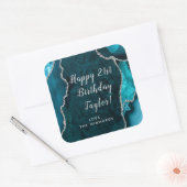 Blauwgroen Blue and Silver Agaat Happy Birthday Vierkante Sticker (Envelop)