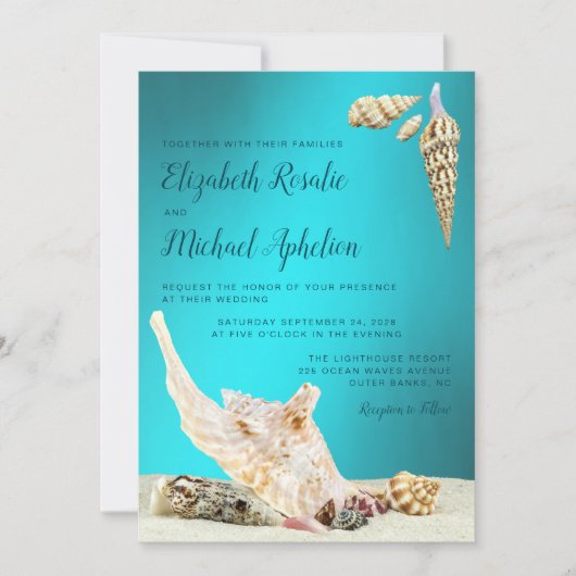 Blauwgroen Blue Aqua Seashell Beach Weddenschap Kaart (Voorkant)