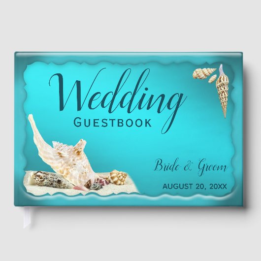 Blauwgroen Blue Aqua Turquoise Seashell Beach Wedd Gastenboek (Voorkant)