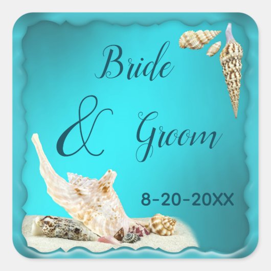 Blauwgroen Blue Aqua Turquoise Seashell Beach Wedd Vierkante Sticker (Voorkant)